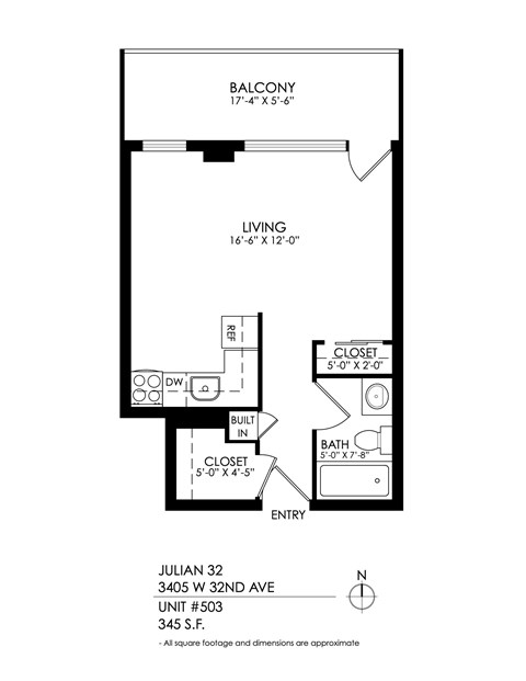 Floor plan for studio, 1 bath, 395 sqft